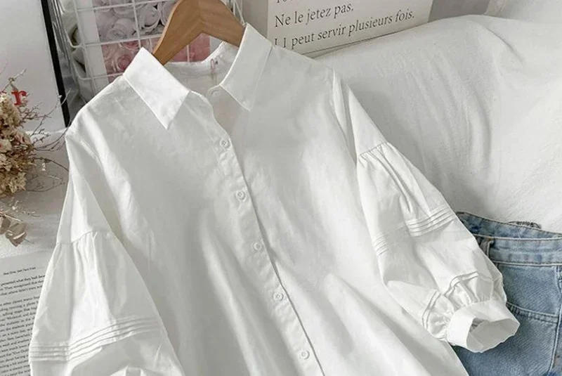 Description Picture 5 of item2024 Puff Sleeve Shirts Women White Turn Down Collar Preppy Sense of Design Chic Female Tops Korean Fashion Simple Summer Blouse