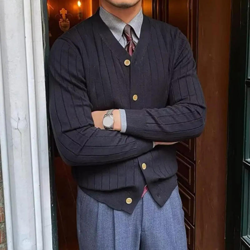 Description Picture 5 of itemV-neck Cardigan Sweater Men's V Neck Knitted Cardigan Sweater Coat for Fall Winter Thick Warm Windproof Long Sleeve Sweater Soft