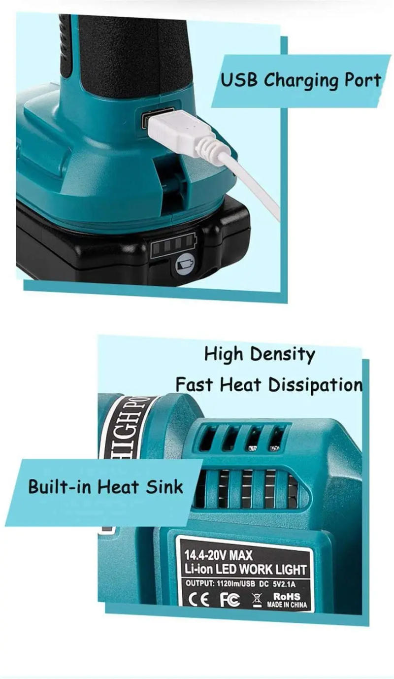 Description Picture 6 of itemLED Work Light For Makita 18/20V Max Lithium-ion Battery Super Bright Flashlight Spotlight Outdoor Camping Portable LED Light