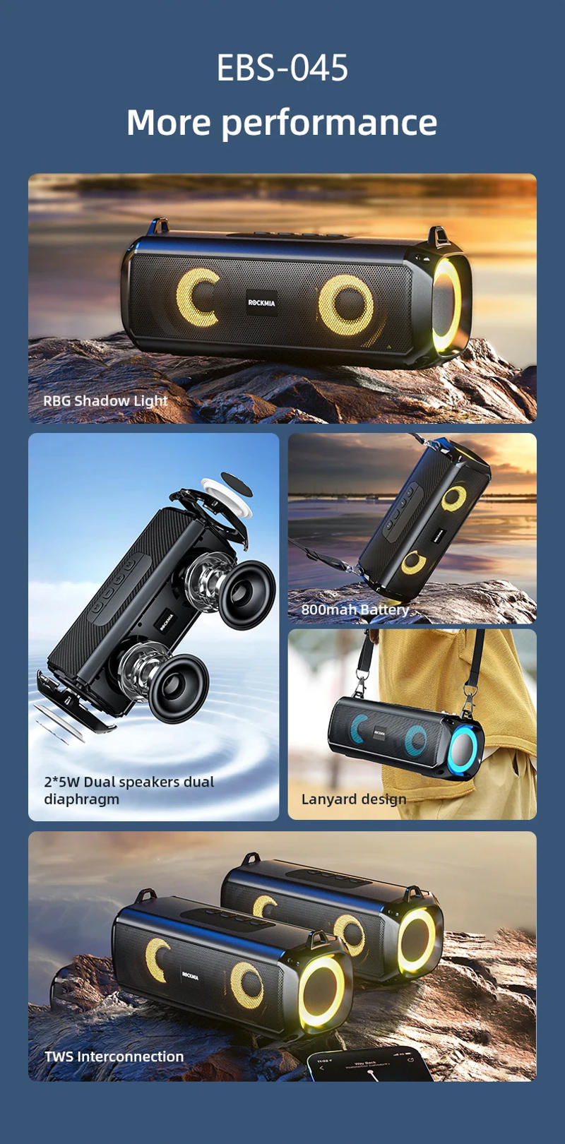 Description Picture 3 of itemPopular RGB LED Lights Speaker Rockmia EBS-045 BT 5.0 Portable Wireless Bluetooth Music Player Micrphone Built TF Card Support