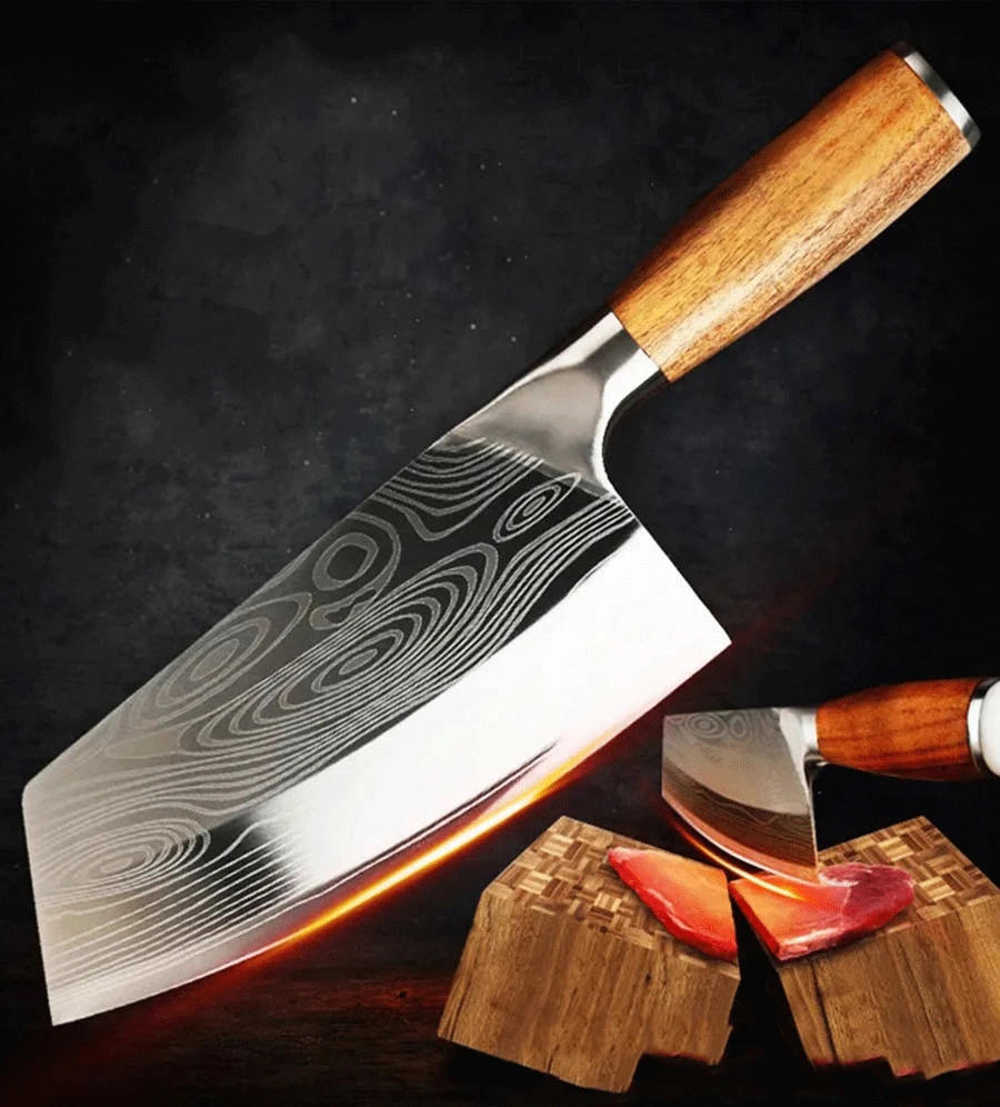 Description Picture 3 of itemProfessional Cleaver Knives Heavy Duty Chinese Knife Wooden Handle Laser Damascus Knife Cleaver Meat Chicken Fish Kitchen Knife