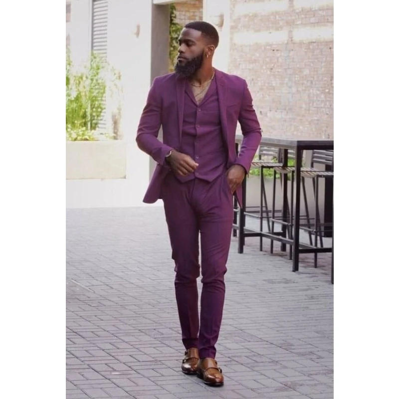 Description Picture 2 of itemCasual Purple 3 Pieces Men Suits Tailor Made Wedding Grooms Blazer Vest Pant Dinner Party Wear Tuxedos Suit