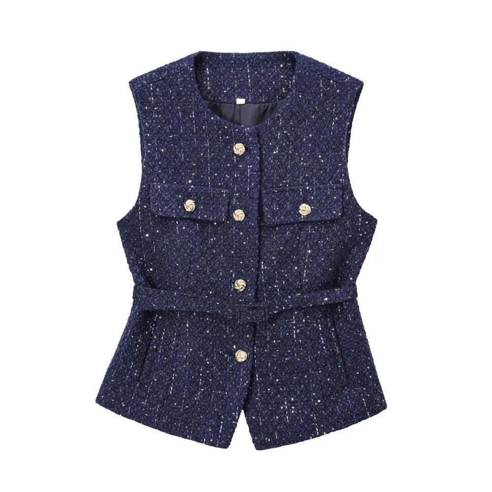 Description Picture 4 of itemWomen's Tweed Waistcoat with Belt, O Neck, Sleeveless, Front Button, Female Outerwear, Chic Tops, Fashion Vest Women
