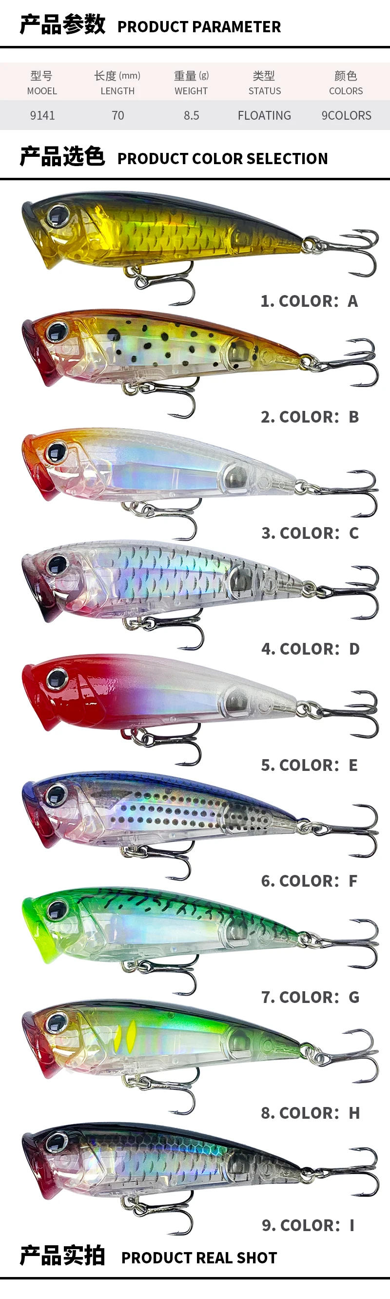 Description Picture 4 of itemSurface Popper Fishing Lure 70mm 8.5g 3D Topwater Pop Bait Trolling Pesca Artificial Baits Floating Popper Fishing Accessories