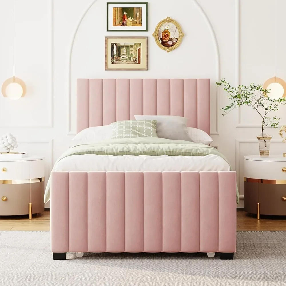 Description Picture 4 of itemBeds,Velvet Upholstered Platform, Wood Frame Trundle, Twin Size Bed, Pink