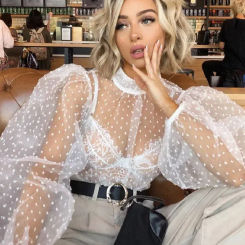 Fashion Women Polka Dot Mesh Blouse Puff Long Sleeve Loose Shirts Sexy Elegant Vintage See Through Cover-ups Tops Summer Fall