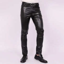 2024 Men's Slim Fit Skinny Pants Tight Stretch Leather Pants Teen Trend Motorcycle PU Leather Pants