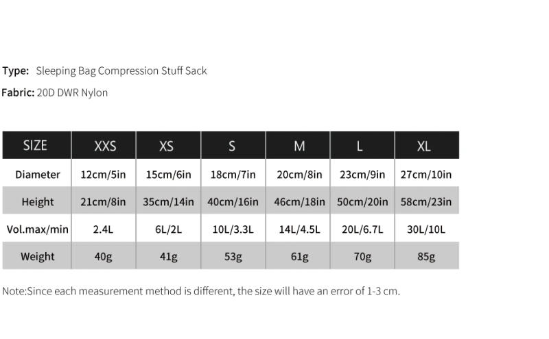 Description Picture 6 of itemAEGISMAX 6L 10L 20L 30L Compression Sack for Sleeping Bag Accessories Camping Waterproof Stuff Sack Ultralight Nylon Storage Bag
