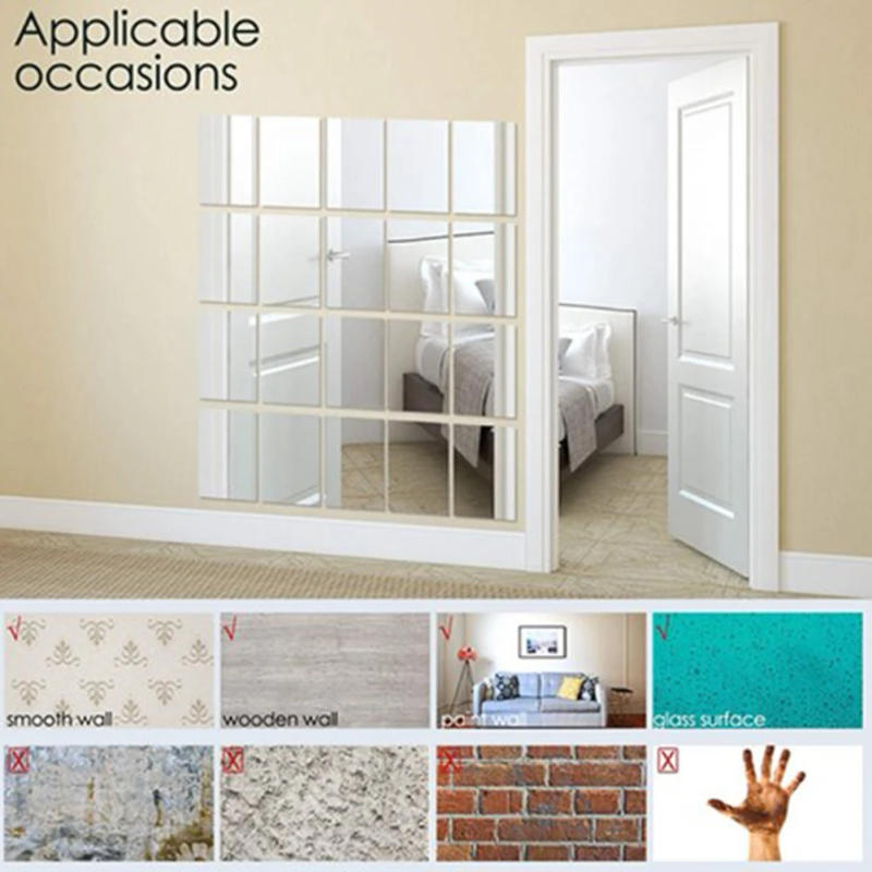 Description Picture 4 of item4PCS Acrylic Mirror Flexible Plastic Mirror Sheets Adhesive Square Wall Mirror Tile Stickers DIY Craft Home Wall Decoration