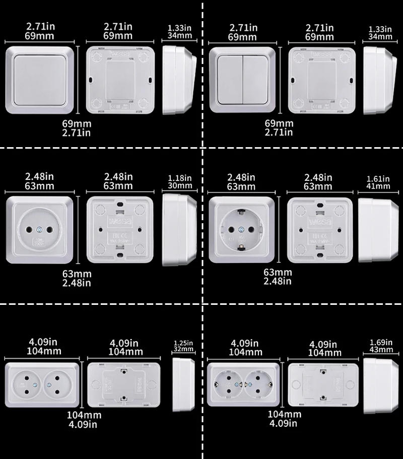 Description Picture 2 of itemWESA Silvery Wall Surface Socket Plug Europe Exterior Electrical Outlets Not Ground Outdoor Power Socket Flame Retardant Paint