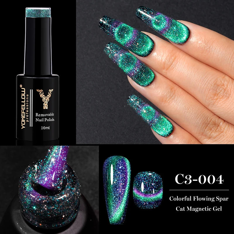 Description Picture 6 of itemYOKEFELLOW Gel Nail Polish 9D Cat Magnetic Gel Shiny 12 Colors Glitter Holographic Laser UV LED Varnish Cat-Eye Nails 10ML/1PC