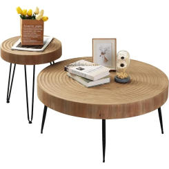 Farmhouse Round Coffee Table Set of 2, Cocktail Table Set, Modern Circle Natural Wood Finsh Side and End Table Sets
