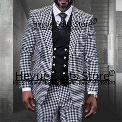 Luxuly Plaid Men Suits Tailor Made Slim Fit Peak Lapel Groom Prom Party Tuxedos 3 Pieces Sets Elegant Jacket+Black Vest+Pants