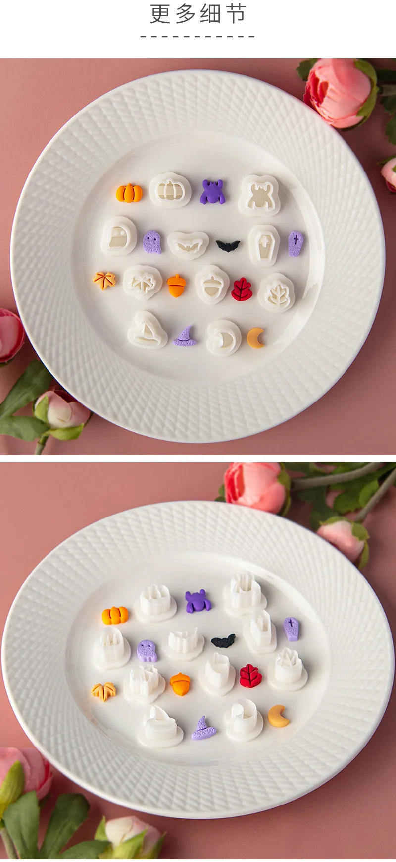 Description Picture 5 of item10 Pcs/set Mini Cartoon Halloween Polymer Clay Cutters Ghost Spider Bat Pumpkin Shaped Clay Molds for Earrings Pendant Making