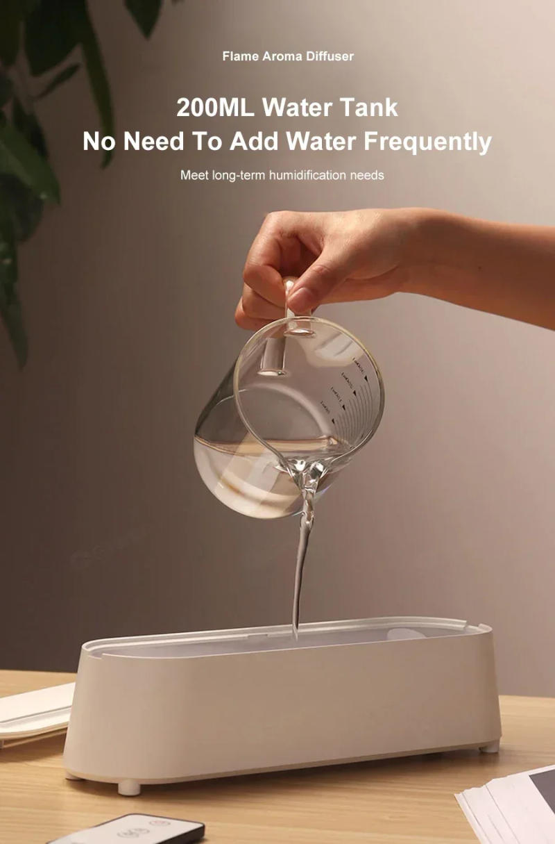 Description Picture 5 of itemNew Desktop Simulation Flame Remote Control Humidifier Colorful Lights Can Add Essential Oils Mute Work USB Aromatherapy Machine