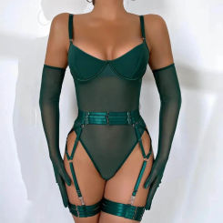 Sexy Women Corset Elasticity Temptation Bodysuit Lace Mesh Underwear Slimming Breathable With Glove 3 Piece Lingerie