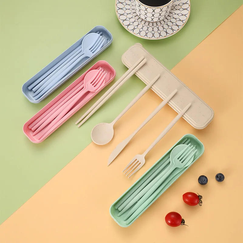 Description Picture 5 of item4Pcs Travel Cutlery Sets Portable Tableware Set With Box Chopsticks Fork Spoon Knife Wheat Straw Dinnerware Picnic