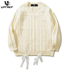 UPRAKF V-Neck Knit Sweater Loose Pullover Winter Tops Autumn Fashion Streetwear Long Sleeve Solid Color