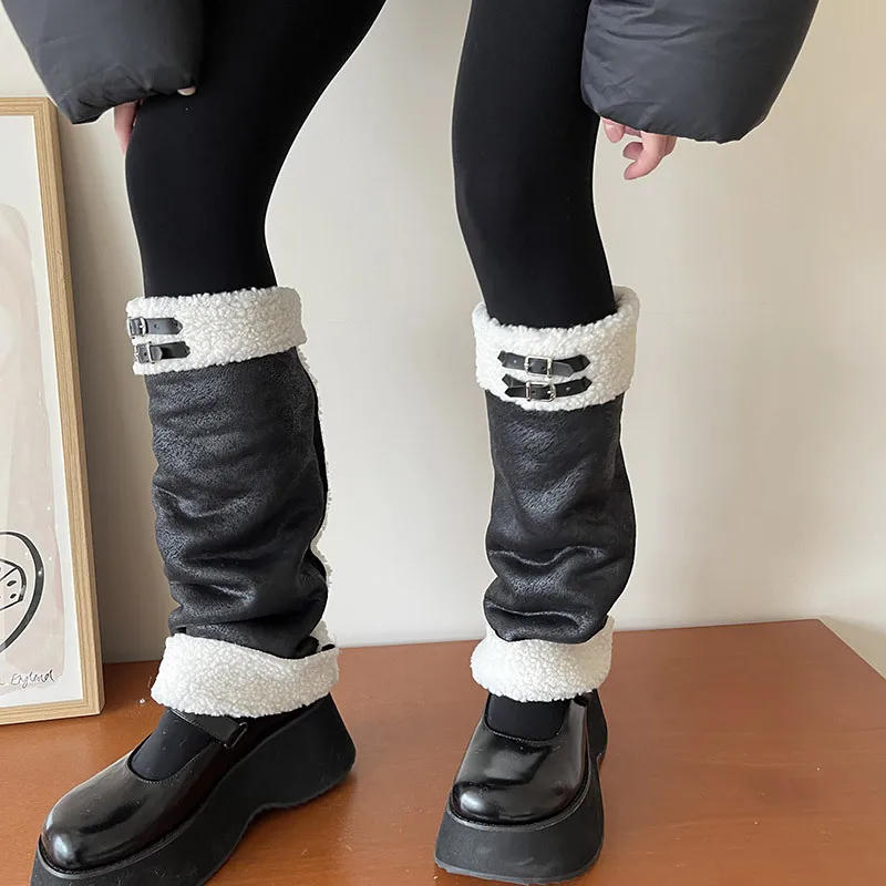 Description Picture 2 of itemPunk Thickened Lamb's Wool Suede Leg Warmers Ball PU Winter Warm Plush Knee Warmer Socks Cold Protective Y2k Boots Cover Socks