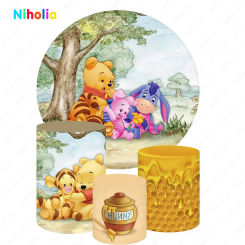 Winnie The Pooh Backdrop The First Girl Birthday Cylinder Decoration Photo Background Honey Cover Round Baby Shower Studio Decor