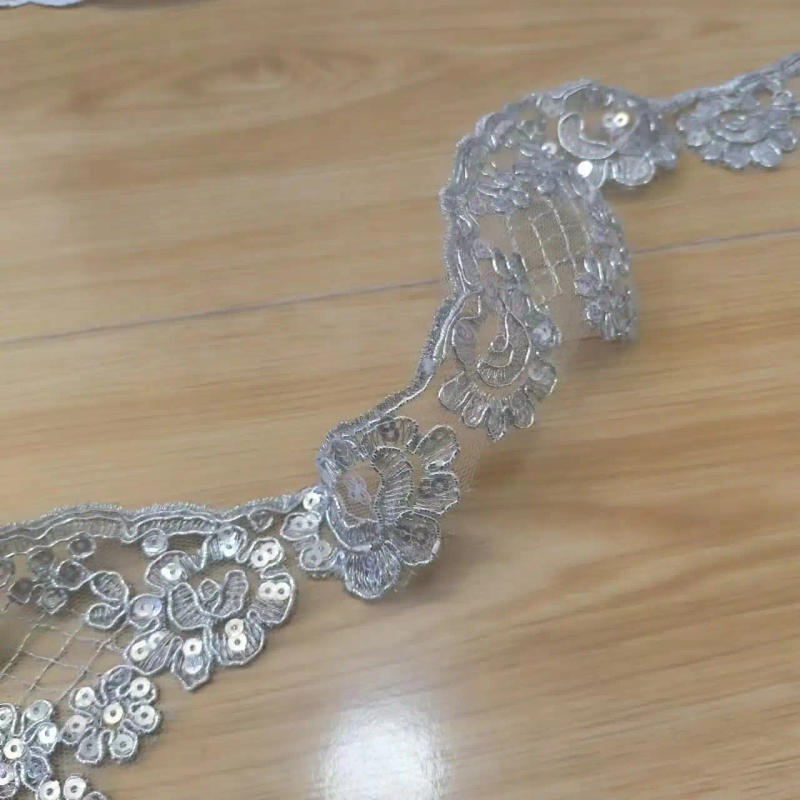 Description Picture 2 of item3Yards 6.8cm wide Ivory Silver Sequin Cording Fabric Flower Venise Venice Mesh Lace Trim Applique Sewing Craft for Wedding Dec.