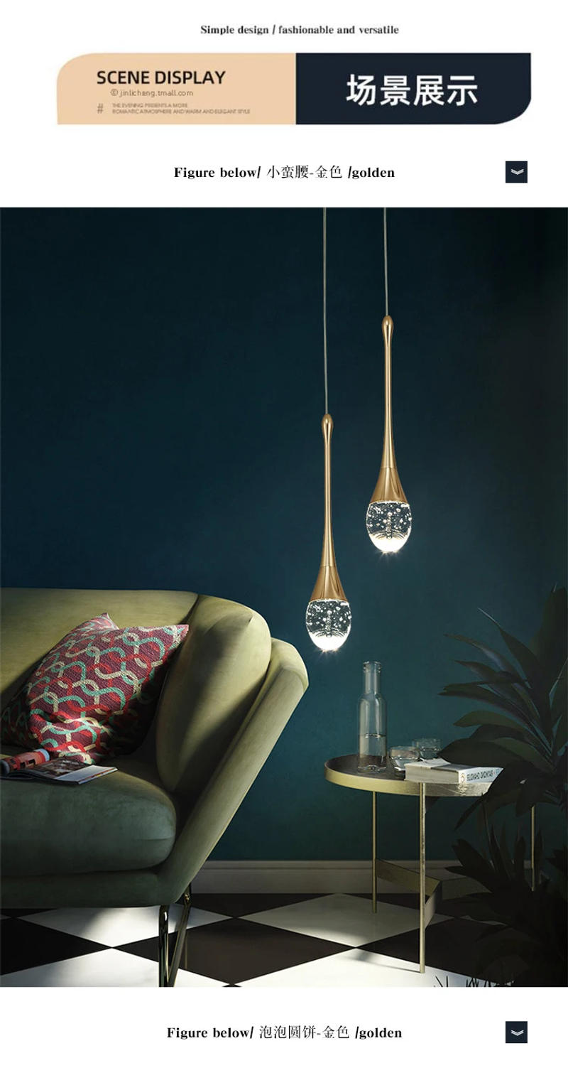 Description Picture 5 of itemBedroom Bedside Small Chandelier Light Luxury Bedside Table Crystal Hanging Line Lamp Background Wall Bar Single-head Water Drop