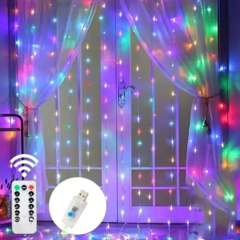 Description Picture 4 of item1pc Christmas Curtain LED String Lights with Remote Control USB Plug Hanging Light Decor Wedding Bedroom Holiday New Year 2025