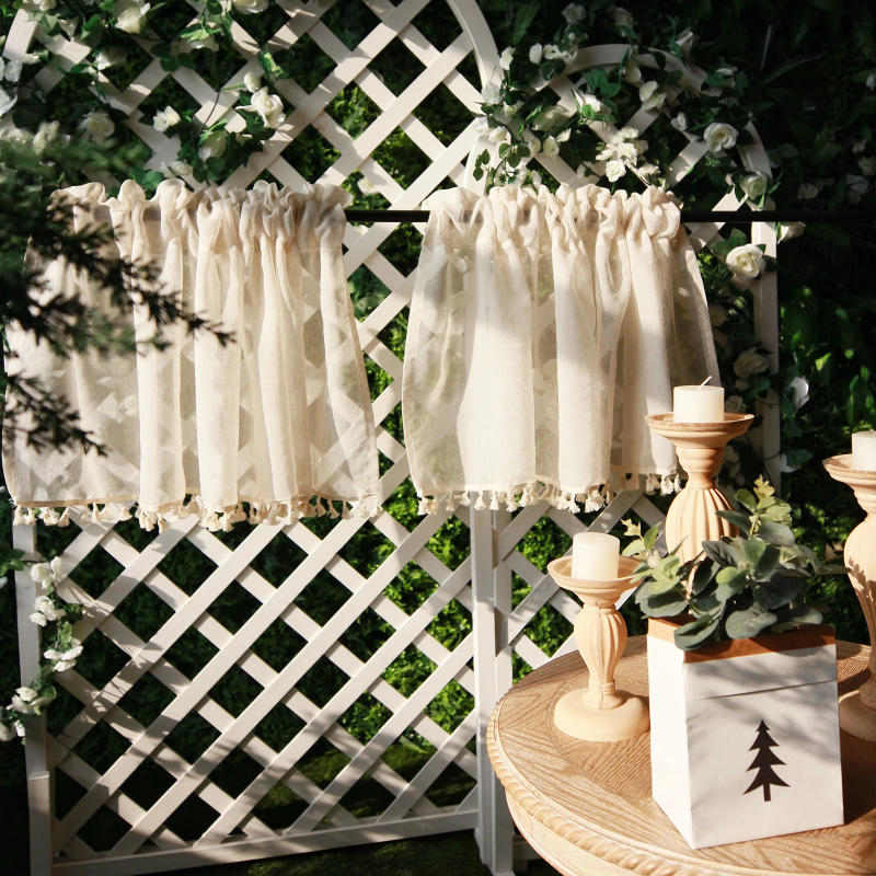 Description Picture 6 of itemVintage Linen Window Drapes Tassels Sheer Cream Beige Tier Curtains Cafe Kitchen Net Short Curtains Panels Rod Pocket Valance
