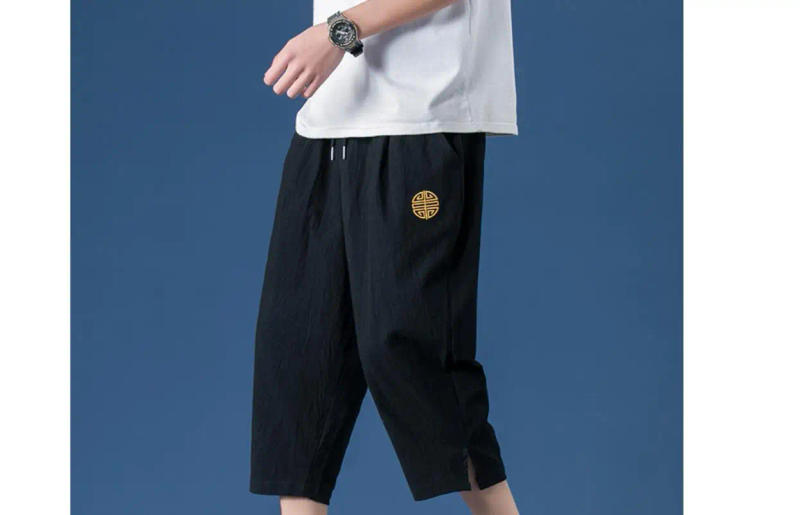 Description Picture 5 of itemSummer Vintage Men's Cropped Wide-leg Pants Chinese Style Solid Casual Cotton Linen Shorts Men Loose Straight Trouser Sweatpants