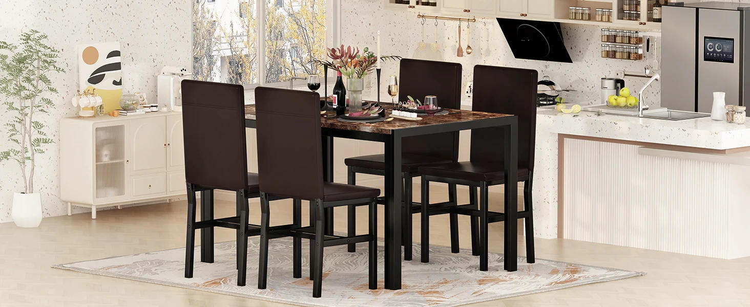 Description Picture 2 of itemDining Table Set for 4, 5 Piece Kitchen Table Set with PU Leather Chairs Space-Saving Faux Marble Dining Room Table Set for 4