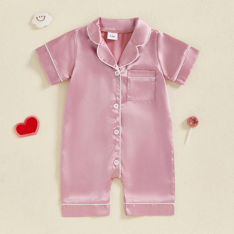 Description Picture 3 of itemToddler Baby Boy Girl Satin Pajama Infant Button-up Shorts Jumpsuit Children Cotton Short Sleeve Sleepwear Newborn Romnpers