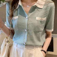 2025 Summer Korean Fashion Clothes Short Sleeve Women T Shirt Turn Down Collar Green Cardigan Female Knitted Top Camisetas Mujer