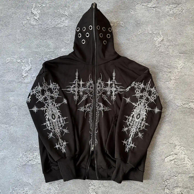 Description Picture 2 of itemDark Gothic Exquisite Pattern Printed Three-dimensional Hollow Ring Hole Design Black Zipper Hoodie Men's Loose Hip-hop Jacket