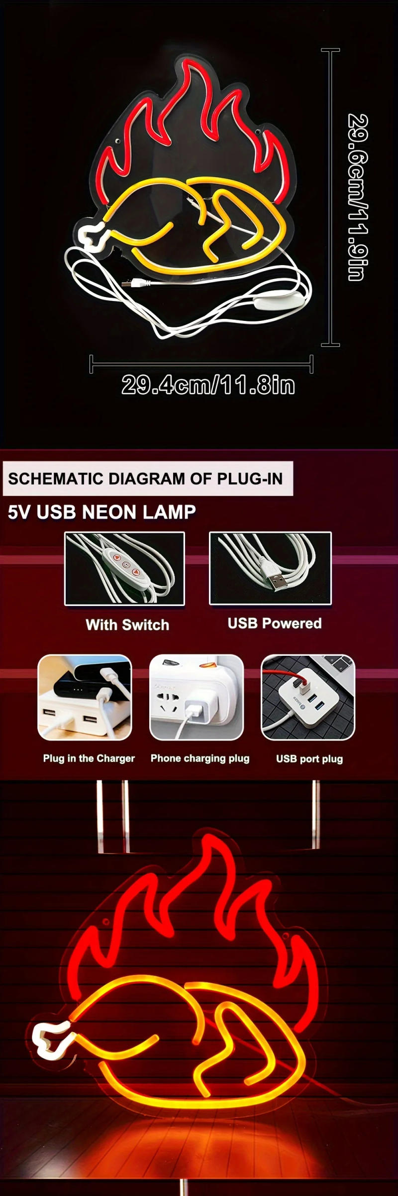 Description Picture 2 of item'Roasted Chicken' Neon Sign - Usb Powered, Multicolor Led Light For Business Logo, Door Plaque & Roadway Advertising