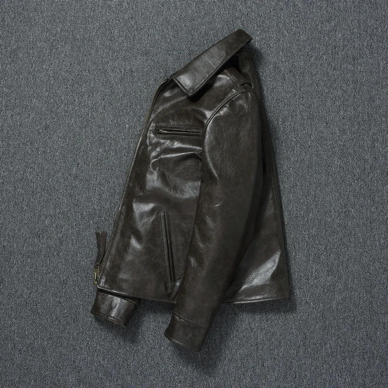 Description Picture 5 of itemNew 2024 Spring Autumn Genuine Leather Top Layer Cowhide Jacket Men Slim Fit Oil Wax Cow Coat