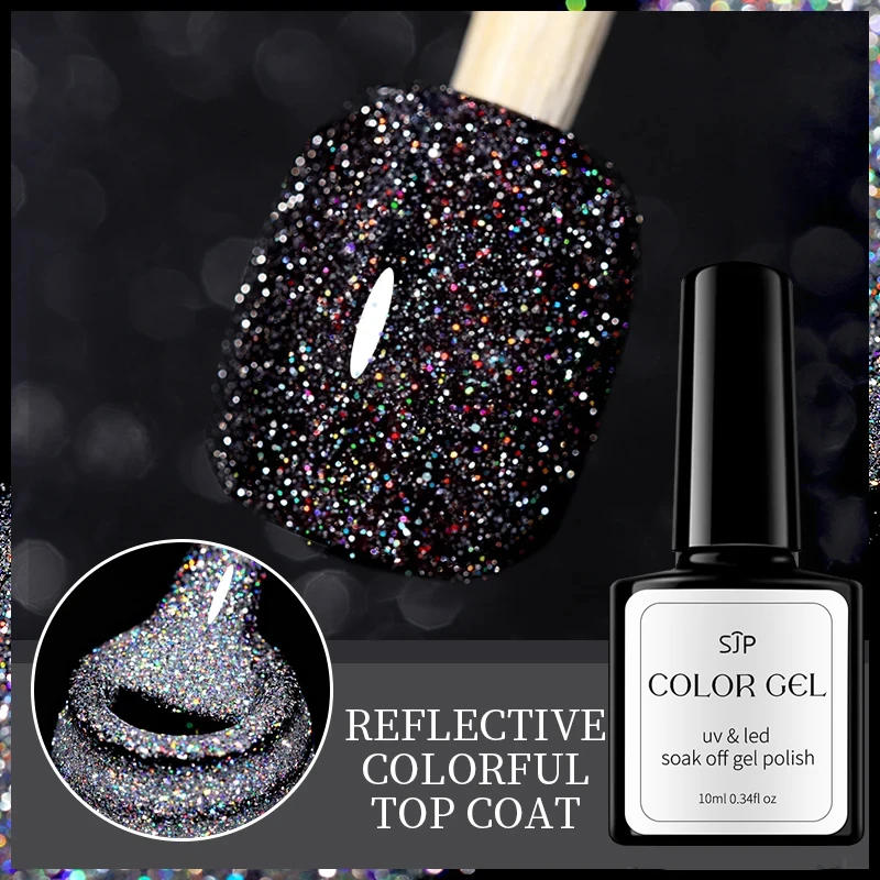 Description Picture 3 of item1pc 10ml Reflective Glitter Top Coat Gel Nail Polish Silver Colorful Sparkling Auroras Laser Semi Permanent Nail Art Gel