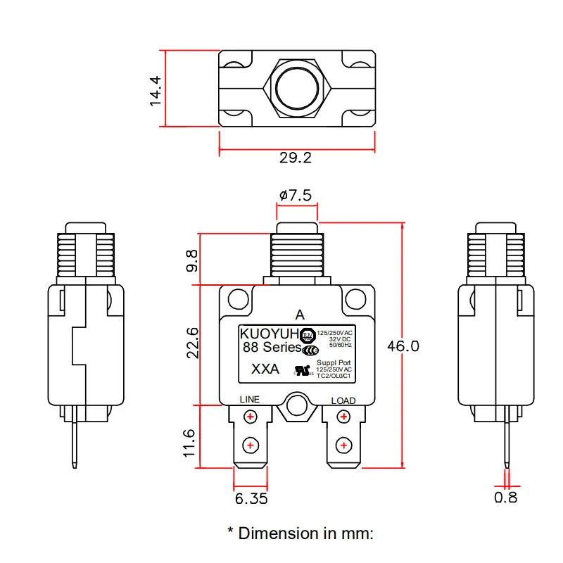 Description Picture 3 of item100% Kuoyuh 88 Series 5A 10A 15A 20A 25A 30A DC automatic reset thermal overload protector switch circuit breaker for Motors