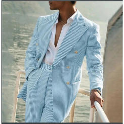 Summer Striped Men Suits Wedding Tuxedos Seersucker Double Breasted Casual Jacket Pants 2 Pieces Groom Peaked Lapel Blazer Sets