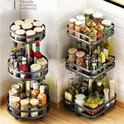 Rotation Condiment Rack Multifunctional Carbon Steel Flavour Storage Tray Round Seasonings Spice Organizer for Kitchen