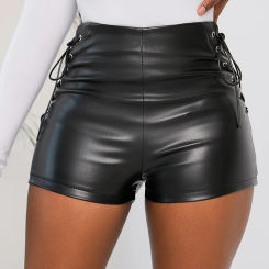 811 # New Sexy Summer and Autumn Stretch Plus Size Tight Black Faux Leather Shorts Casual Shorts Leather Pants for Women