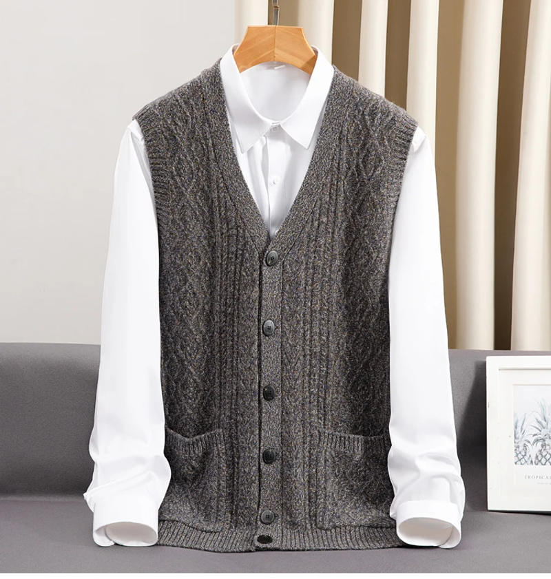 Description Picture 5 of itemNew Arrival Spring Autumn 100% Pure Cashmere Cardigan Tank Top Men's Sweater Casual Solid Knitted Vest Plus Size S-3XL4XL5XL6XL