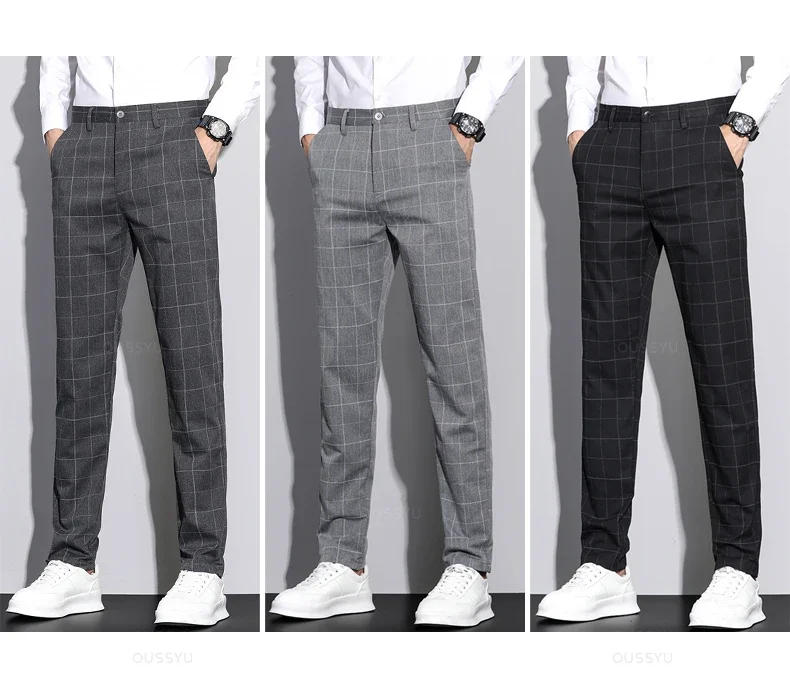 Description Picture 4 of itemHigh Quality Plaid Stripe Ankle Length Pants Men Business Length Pant Straight Korea Grey Black Suit Formal Trousers Male Z294