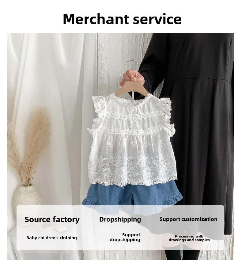 Description Picture 5 of itemGirls' summer thin shirt set, new children's trendy air puff flying sleeve top, denim skirt, two piece outdoor set