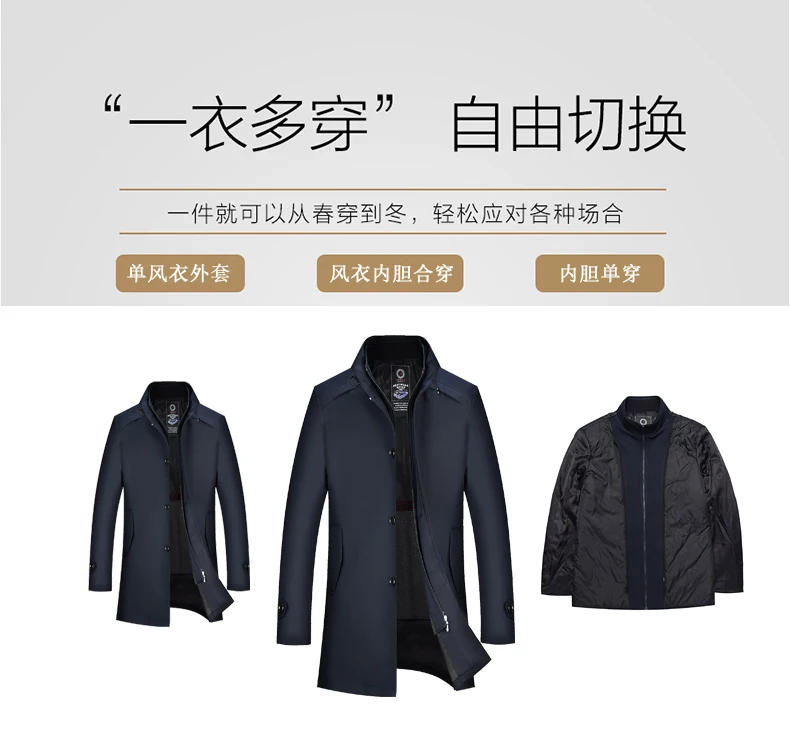 Description Picture 4 of itemMen's Fashion Casual Business Slim Solid Color Standing Collar Trench Coat Can Be Removed From The Inner Liner in The Long Coat