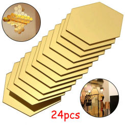 24pcs Gold 3D Mirror Hexagon Wall Stickers Self-adhesive Removable Decal Acrylic DIY Decor For Home Office KTV