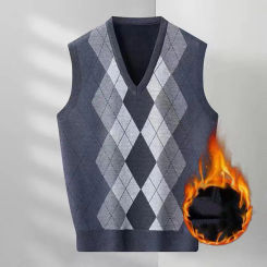 Men Fall Winter Vest Rhombus Print V Neck Sleeveless Loose Color Matching Knitted Thick Warm Soft Mid Length Applique Pullover M