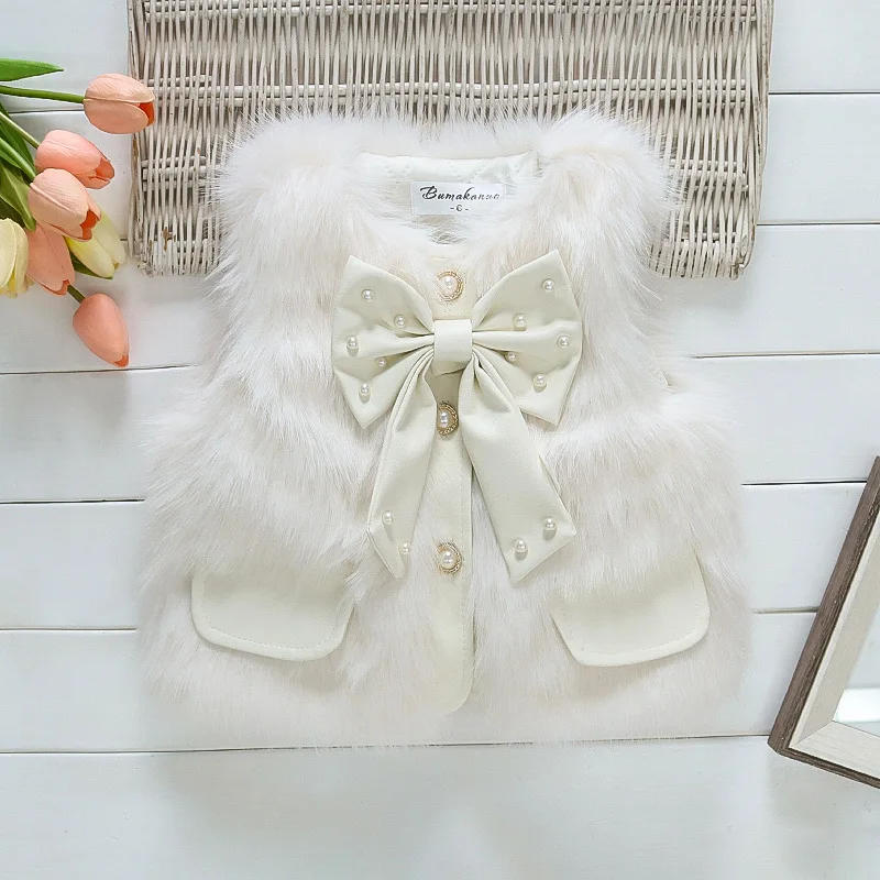 Description Picture 6 of itemBaby Girl'S Autumn And Winter New Warm Jacket Sleeveless Nail Bead Large Bow Furry Vest Suitable For 0-3 Years Old