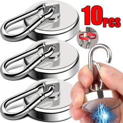 10pcs Strong Neodymium Magnetic Hooks 360°Rotating Carabiner Magnet Ring Keychain Hook Home Kitchen Bathroom Hanging Hangers