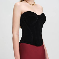 Women Corset Buster Overbust With Bra Boned Tops Strapless Velvet Tube Tops Zipper Slimm Waist Vintage Bodices Black  Backless