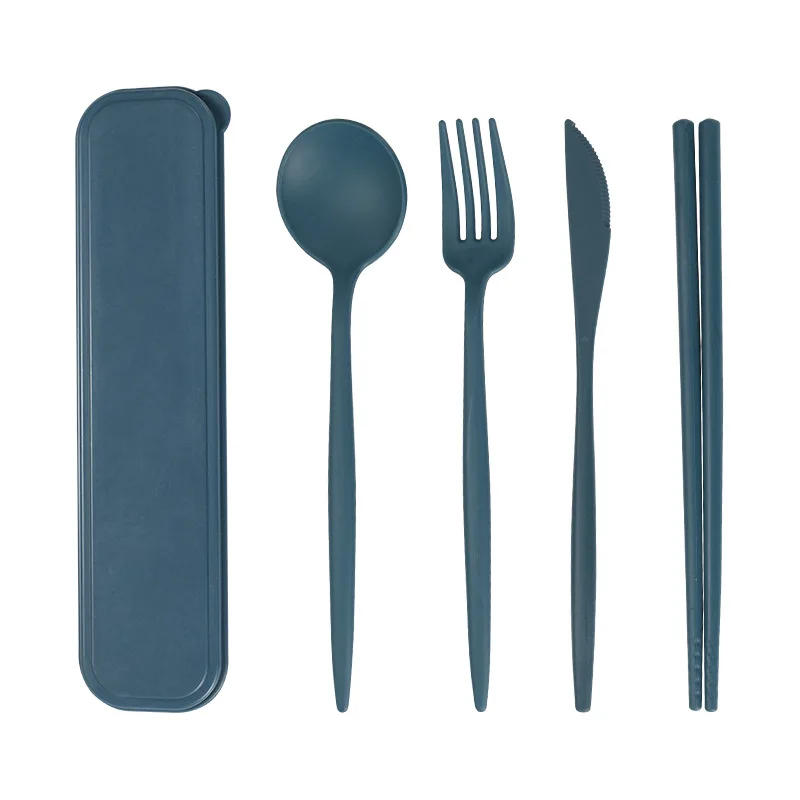 Description Picture 6 of item4Pcs Travel Cutlery Sets Portable Tableware Set With Box Chopsticks Fork Spoon Knife Wheat Straw Dinnerware Picnic